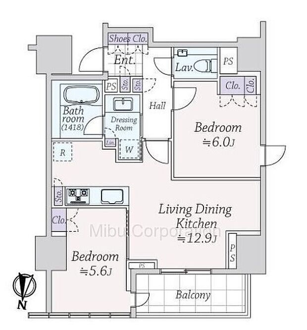 2LDK、価格3億2800万円、専有面積58.01m2、バルコニー面積5.98m2