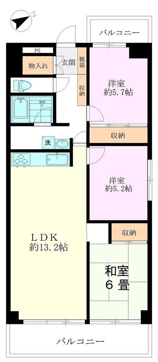 武蔵野中町スカイハイツ(3LDK) 2階の間取り