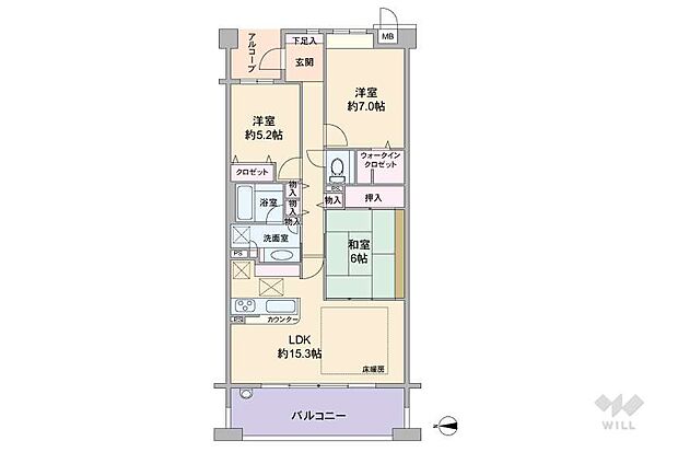 間取りは専有面積80.48平米の3LDK。横長のLDKと和室が続き間のプラン。和室は室内廊下からも出入りができます。ウォークインクロゼットがあり、収納が豊富。バルコニー面積は13.00平米です。