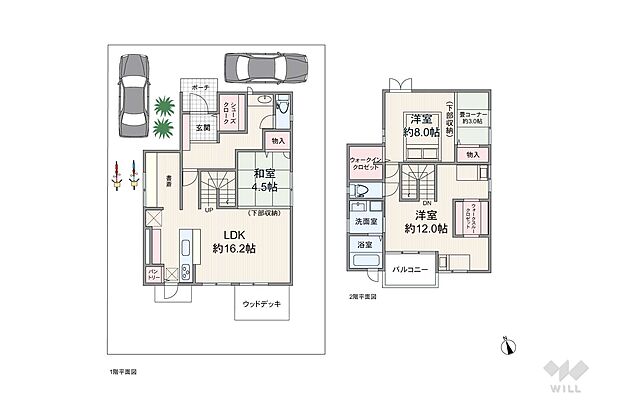 キッチン横にお子様の学習やワークスペースとして使えるカウンターあり。洋室12帖は現状オープンスペースですが、個室が必要になれば2部屋にリフォーム可能。和室や2階畳コーナーの下は全て収納スペースです。