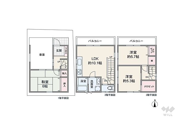 【間取り図】間取りは延床面積68.85平米の3LDK。2階リビングのプラン。