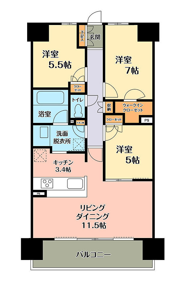 3LDK、価格6898万円、専有面積73.16m2、バルコニー面積12.4m2