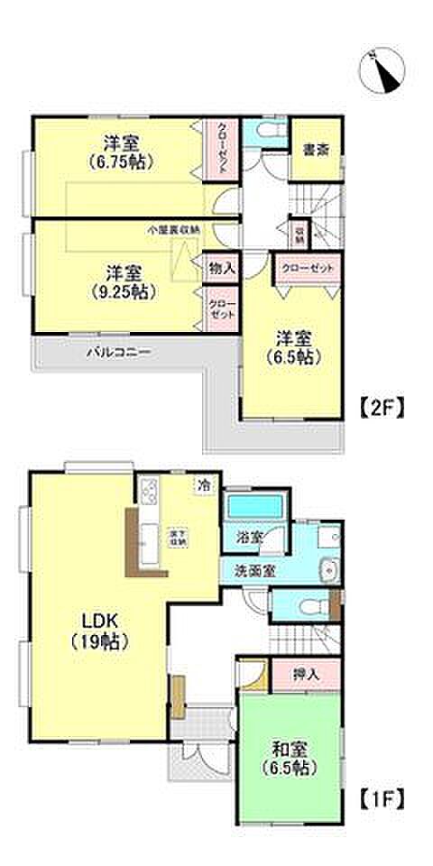 4LDK+書斎+屋根裏付離れ和室となっている間取りです♪LDKも19帖と広く、各居室も6帖以上ございます！建坪は34坪となります。