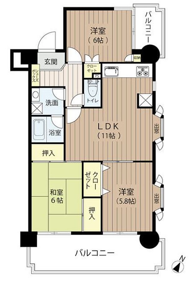 シティマンション大名(3LDK) 8階の間取り