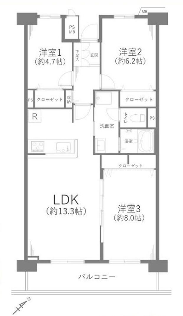 みよしみずほ台サンライトマンションE棟(3LDK) 6階/609号室の間取り