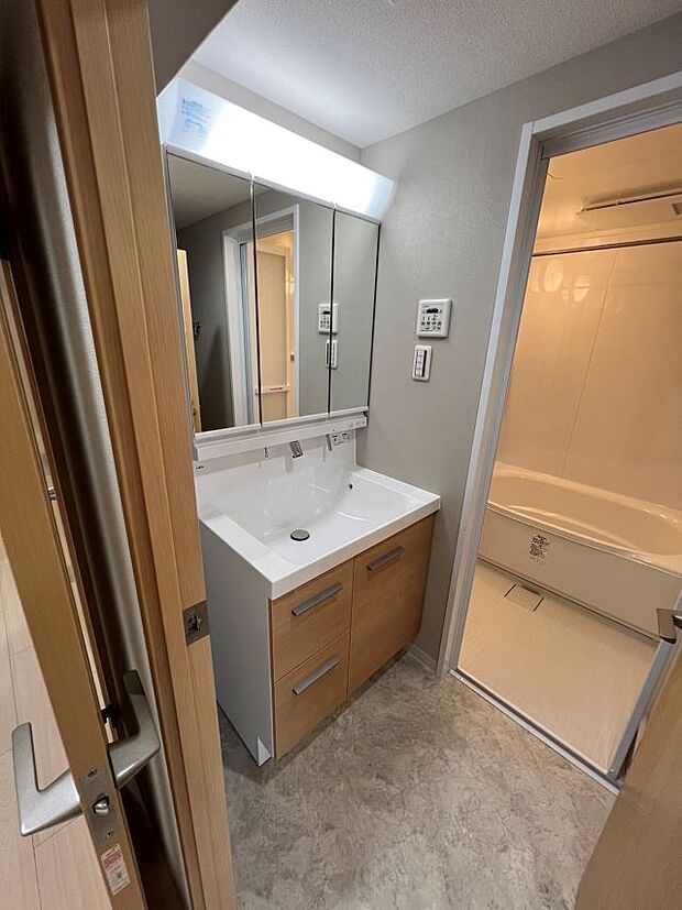 洗面台は、3面鏡、洗髪洗面シャワー付きです。