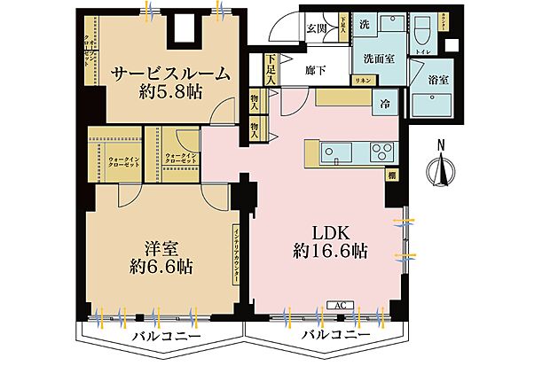 2LDK、専有面積70.03m2、バルコニー面積5.39m2