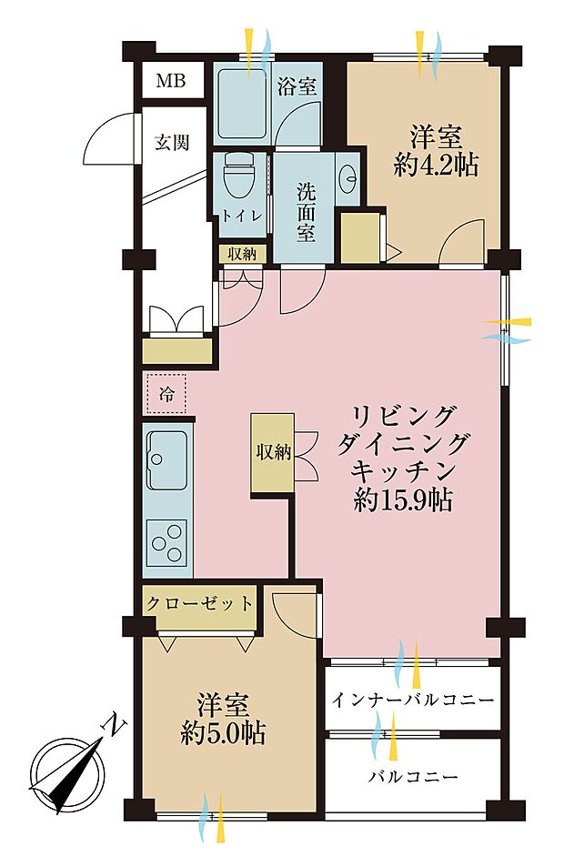 2LDK、専有面積57.19m2