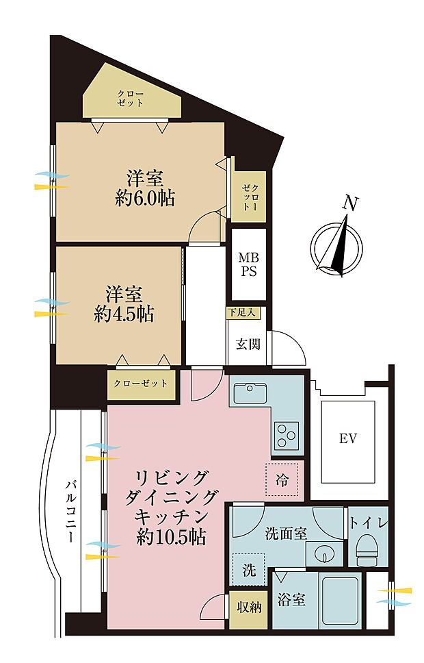 2LDK、専有面積52.08m2、バルコニー面積6.15m2