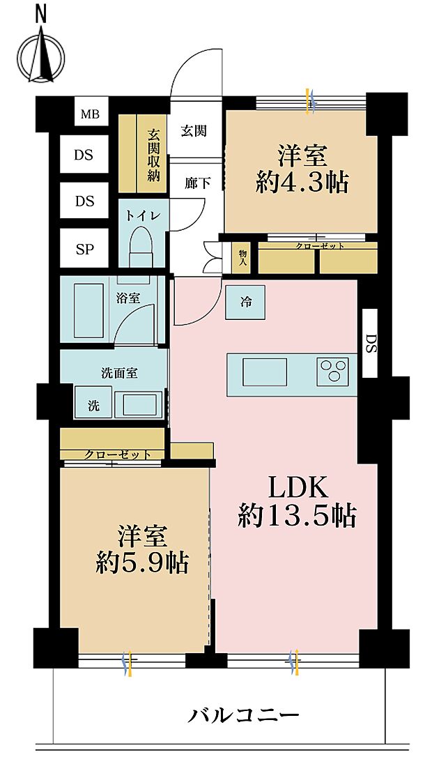 2LDK、専有面積57m2、バルコニー面積8.1m2