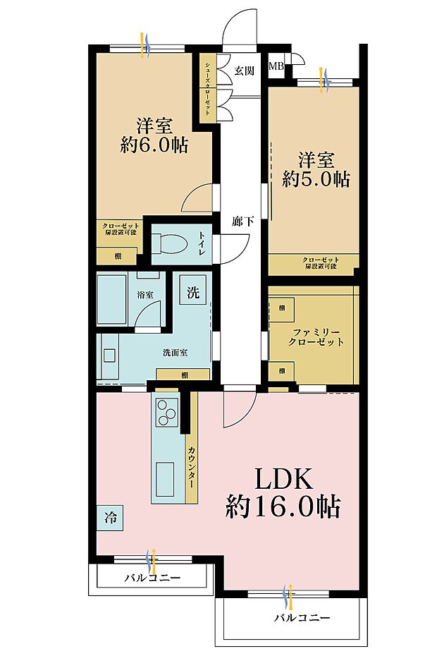 2LDK、専有面積67.82m2、バルコニー面積8.17m2