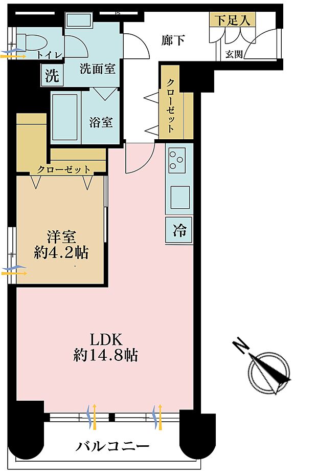 1LDK、専有面積52.95m2、バルコニー面積5.22m2