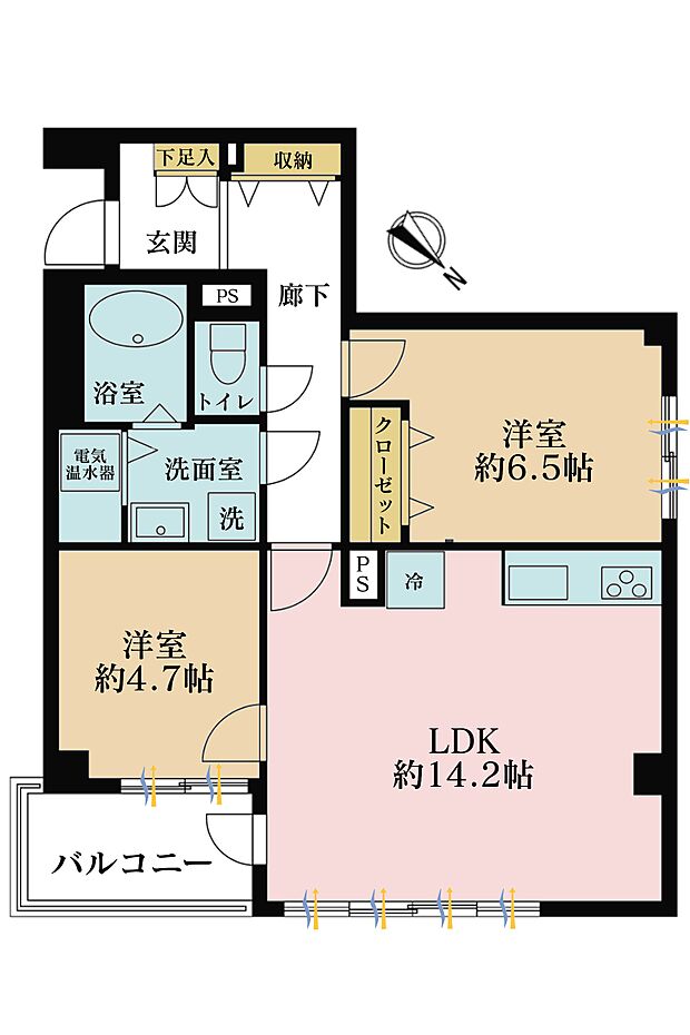 2LDK、専有面積57.87?、バルコニー面積4.57?