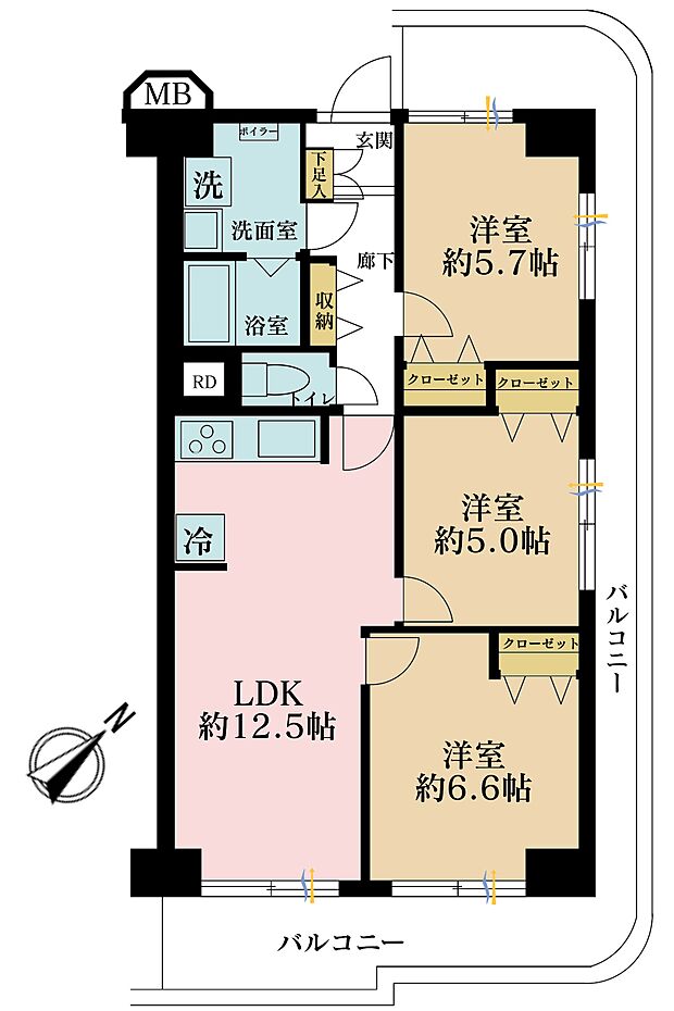 3LDK、専有面積65.65m2、バルコニー面積21.01m2