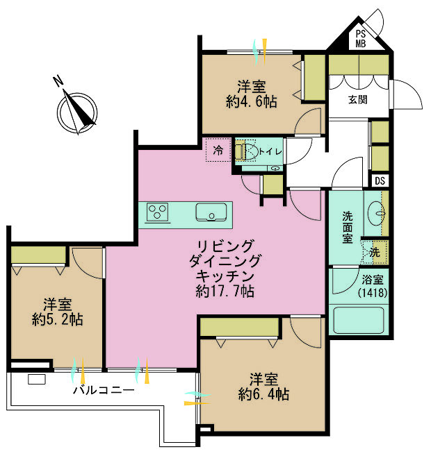 3LDK、専有面積78.57m2、バルコニー面積10.72m2