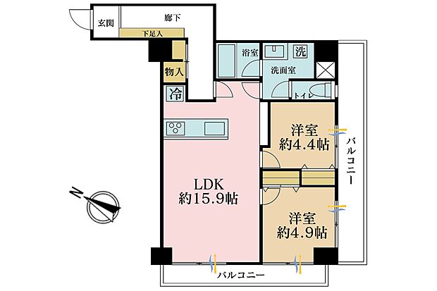 2LDK、専有面積61.74m2、バルコニー面積14.06m2