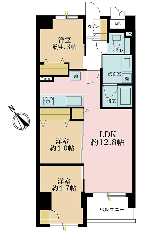 3LDK、専有面積58.32m2、バルコニー面積4.05m2