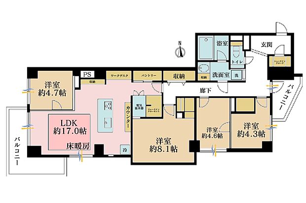 4LDK、専有面積105.45m2、バルコニー面積13.52m2