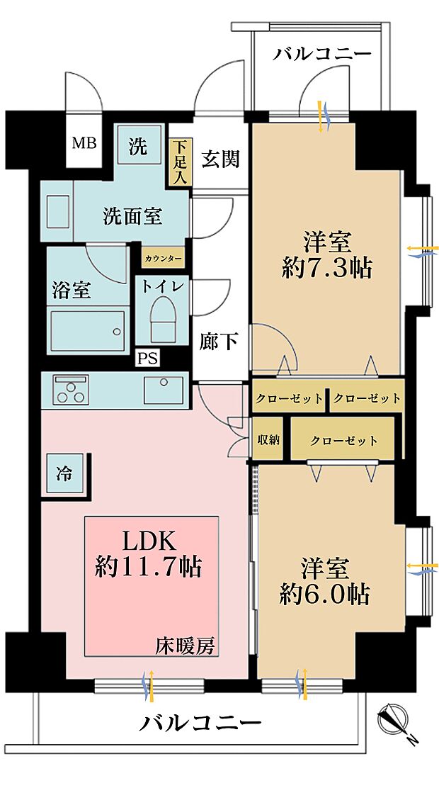 2LDK、専有面積60.16m2