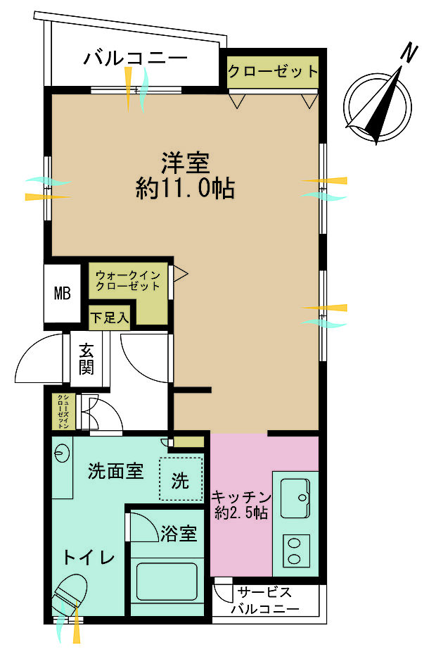 1K、専有面積35.43m2、バルコニー面積2.56m2