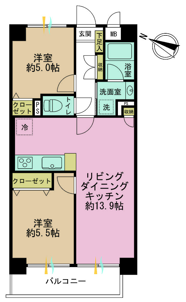 2LDK、専有面積55.08m2、バルコニー面積6.33m2