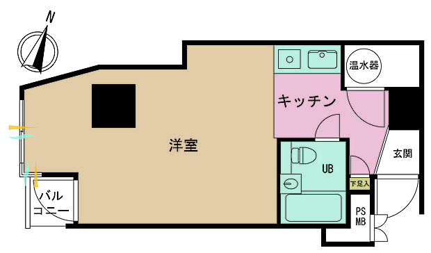 1K、専有面積26.3m2、バルコニー面積1.1m2