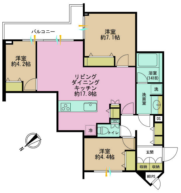 3LDK、専有面積78.57m2、バルコニー面積10.72m2