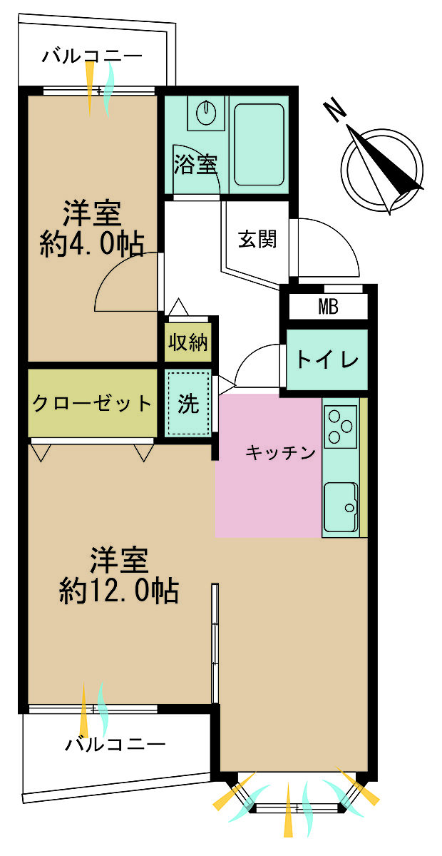 2DK、専有面積39m2、バルコニー面積4.69m2