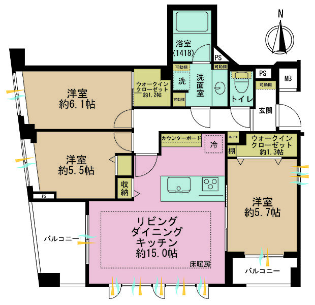 3LDK、専有面積75.49m2、バルコニー面積8.35m2