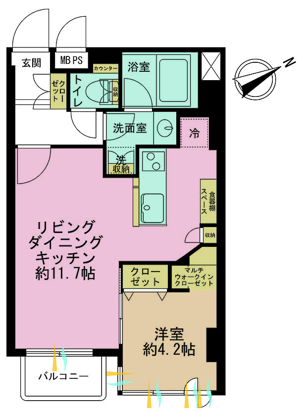 1LDK、専有面積38.42m2、バルコニー面積1.73m2