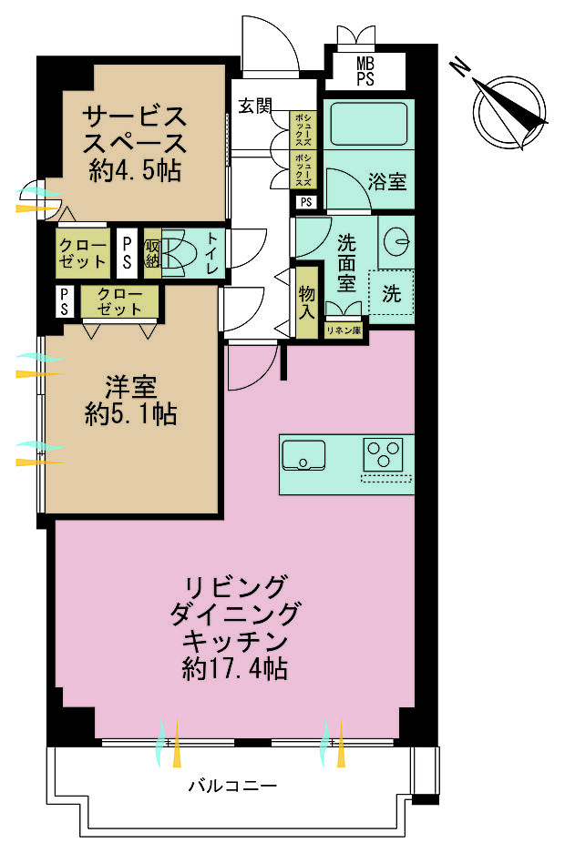 1LDK+S（納戸）、専有面積59.14m2、バルコニー面積7.25m2