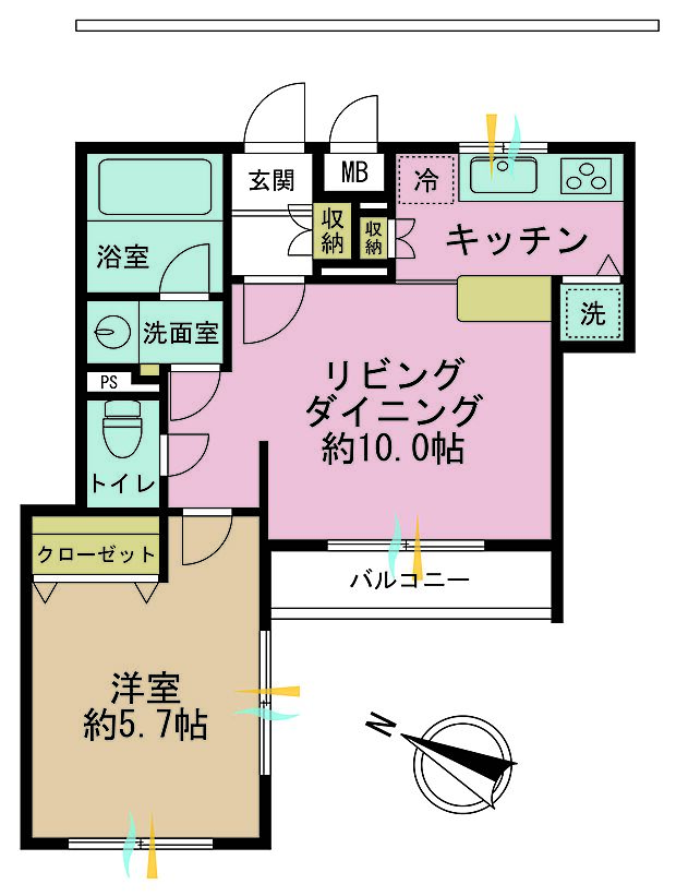 1LDK、専有面積36.82m2、バルコニー面積3.08m2