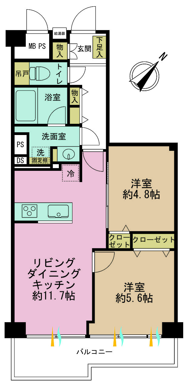 2LDK、専有面積54.32m2、バルコニー面積6.62m2