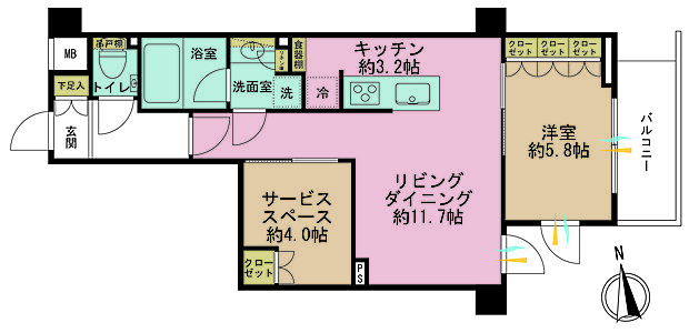 1LDK+S（納戸）、専有面積54.88m2、バルコニー面積4.86m2