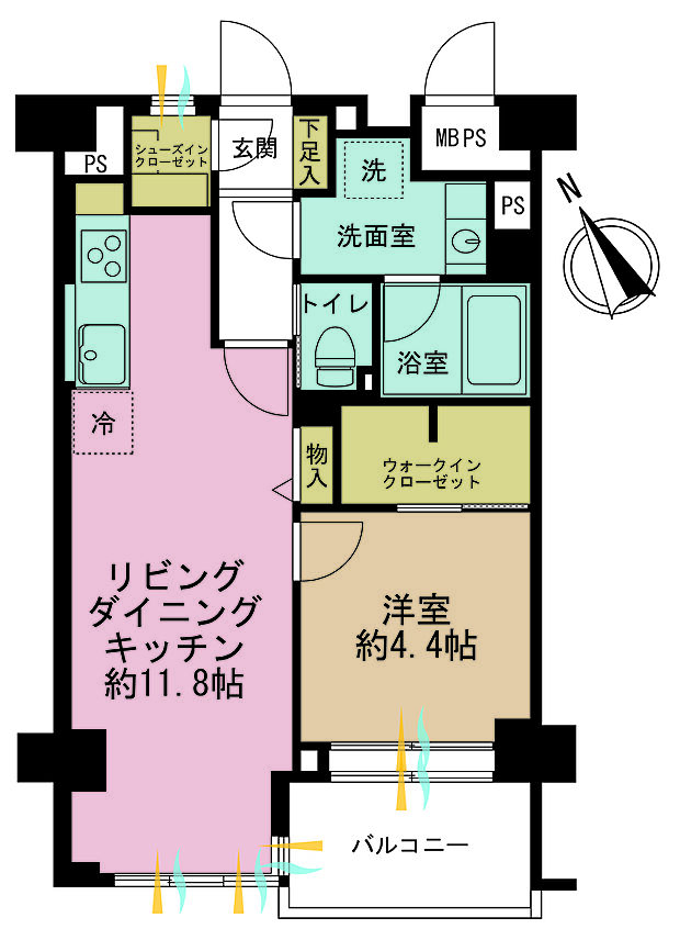 1LDK、専有面積44.1m2、バルコニー面積4.27m2