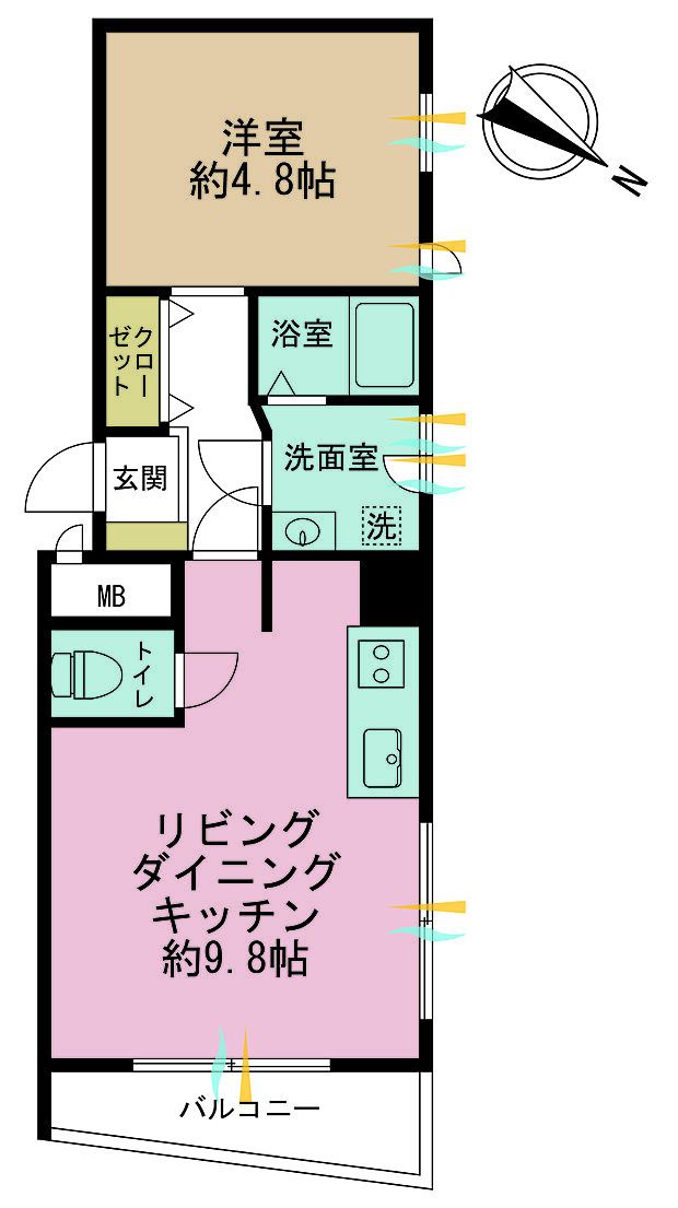 1LDK、専有面積35.52m2、バルコニー面積3.33m2