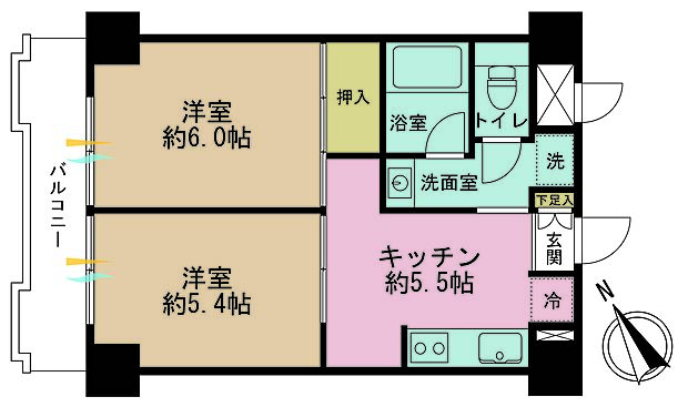 2DK、専有面積39m2、バルコニー面積5.68m2