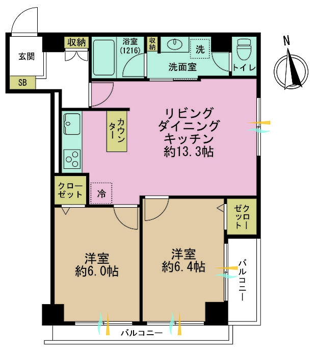 2LDK、専有面積57.51m2、バルコニー面積5.4m2