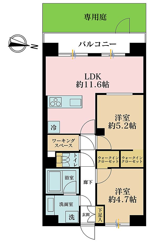 2LDK、専有面積55.4m2