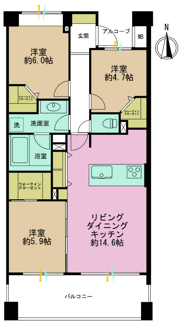 3LDK、専有面積71.08m2、バルコニー面積12.9m2