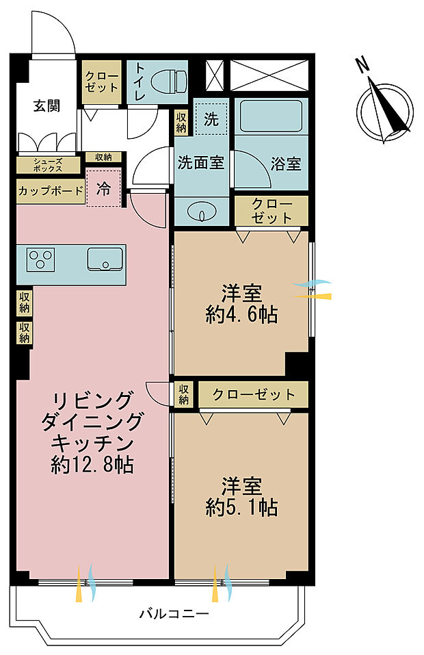 2LDK、専有面積53.44m2、バルコニー面積5.91m2