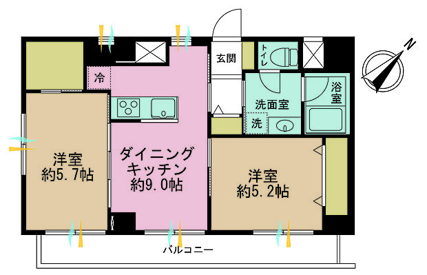 2DK、専有面積49.41m2、バルコニー面積7.84m2