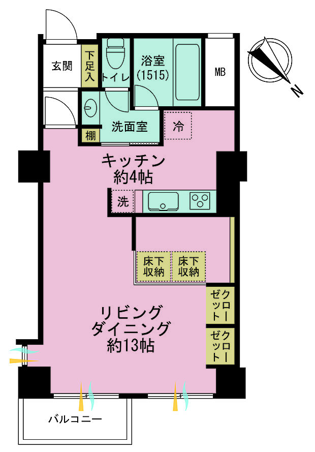 1K、専有面積46.39m2、バルコニー面積4.01m2