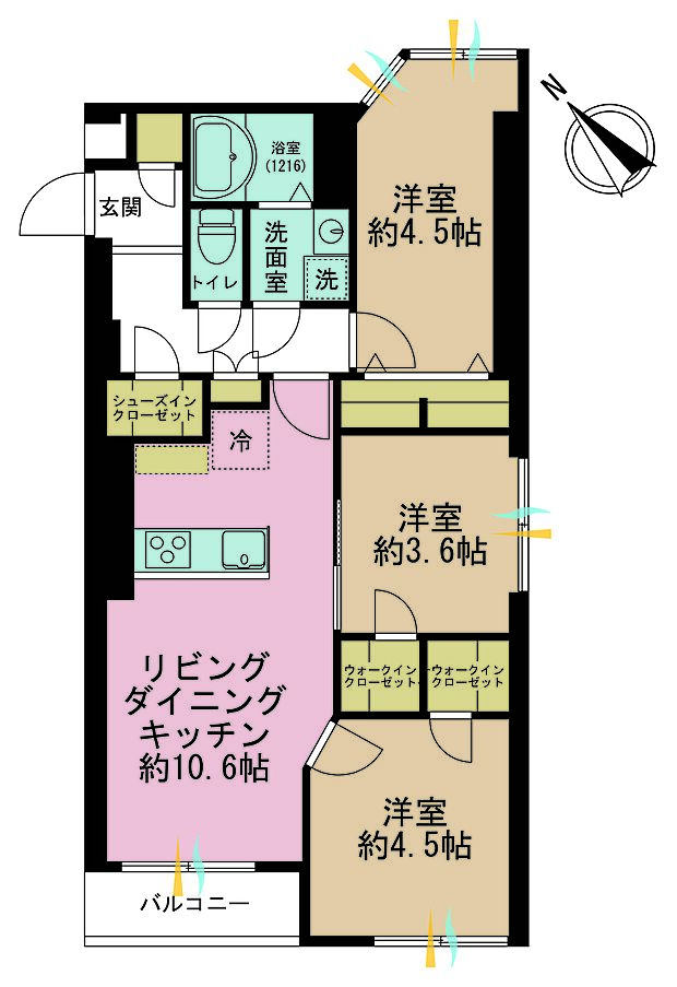 3LDK、専有面積60.92m2、バルコニー面積2.63m2