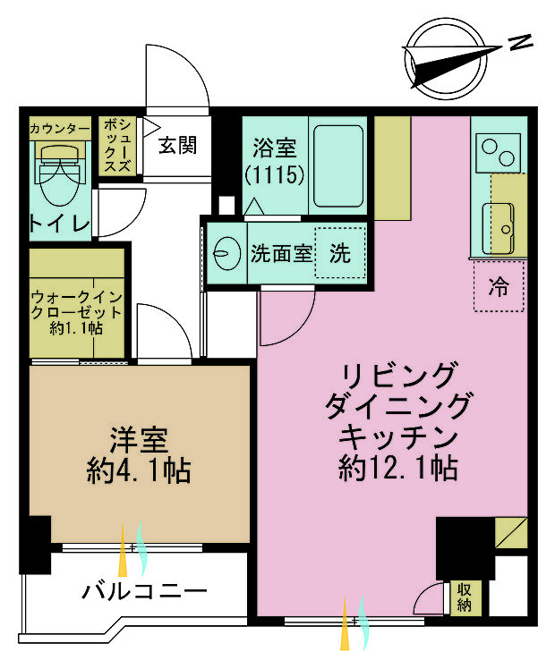 1LDK、専有面積36.86m2、バルコニー面積2.68m2