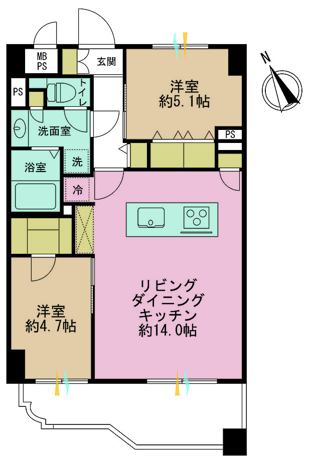 2LDK、専有面積56.7m2、バルコニー面積9.75m2