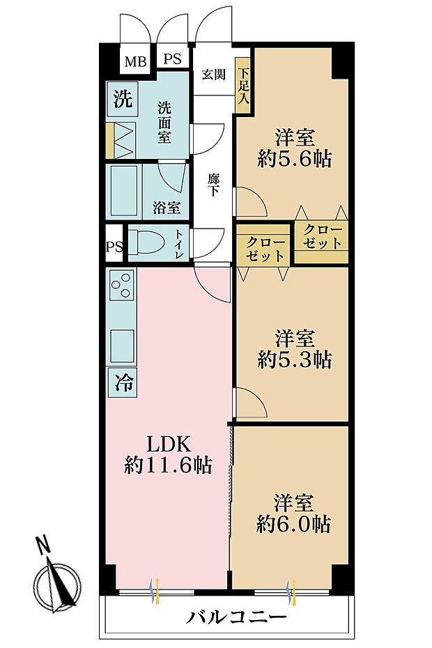 3LDK、専有面積61.74m2、バルコニー面積4.77m2