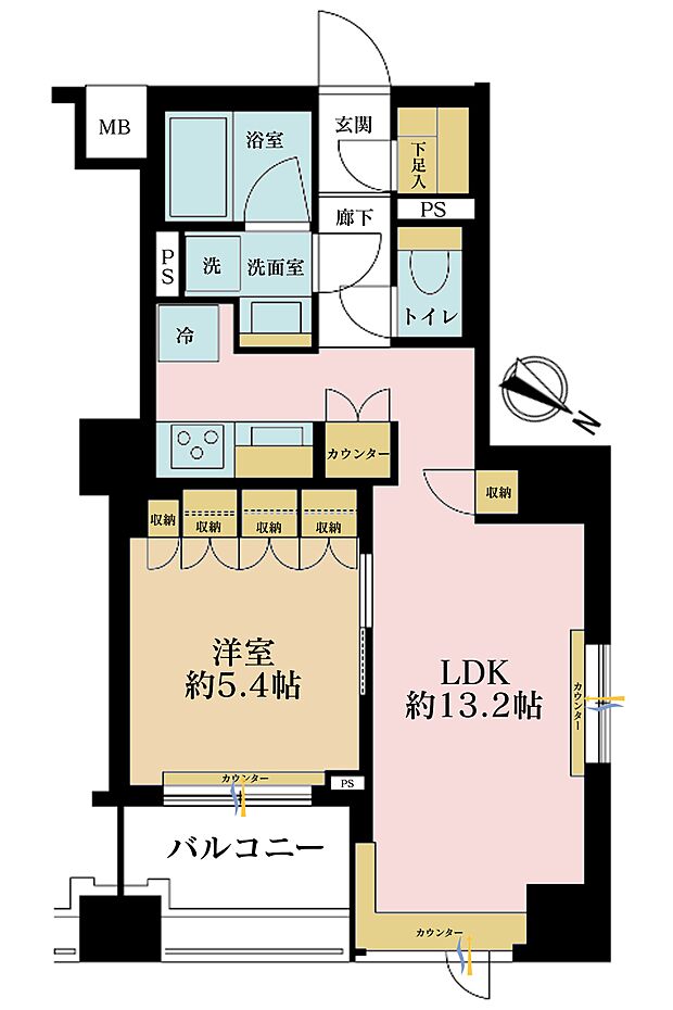 1LDK、専有面積44.2m2、バルコニー面積5.04m2