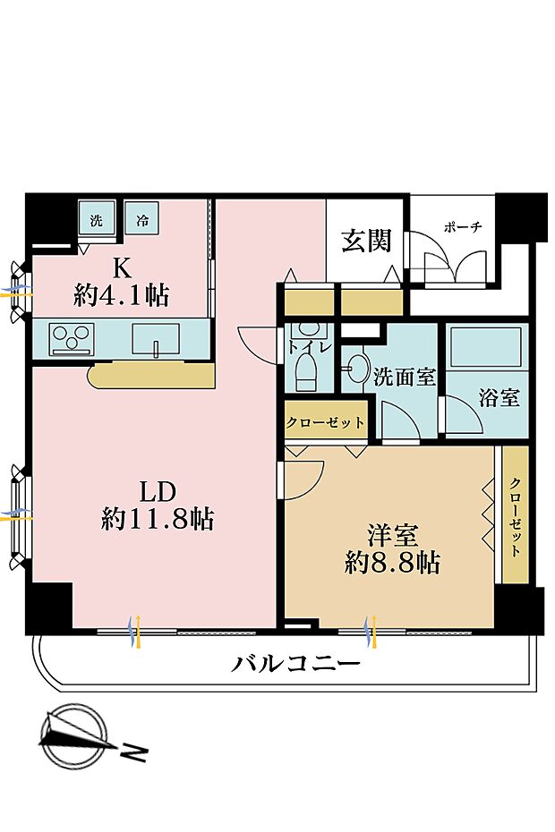 1LDK、専有面積59.63m2