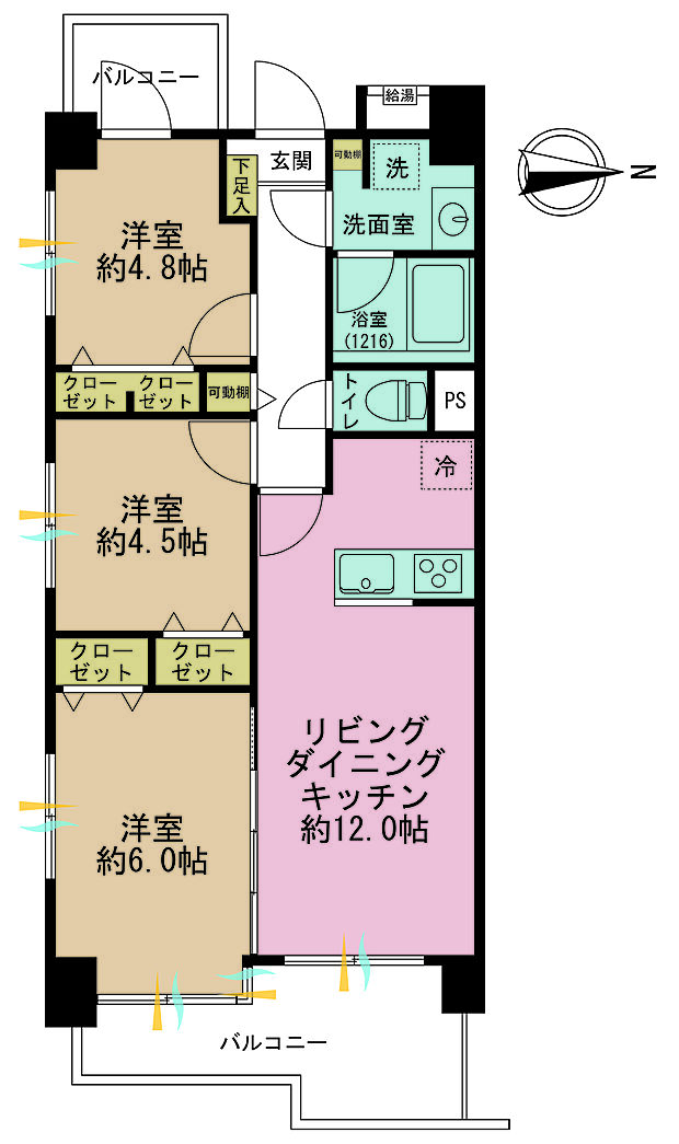 3LDK、専有面積60.76m2、バルコニー面積11.73m2